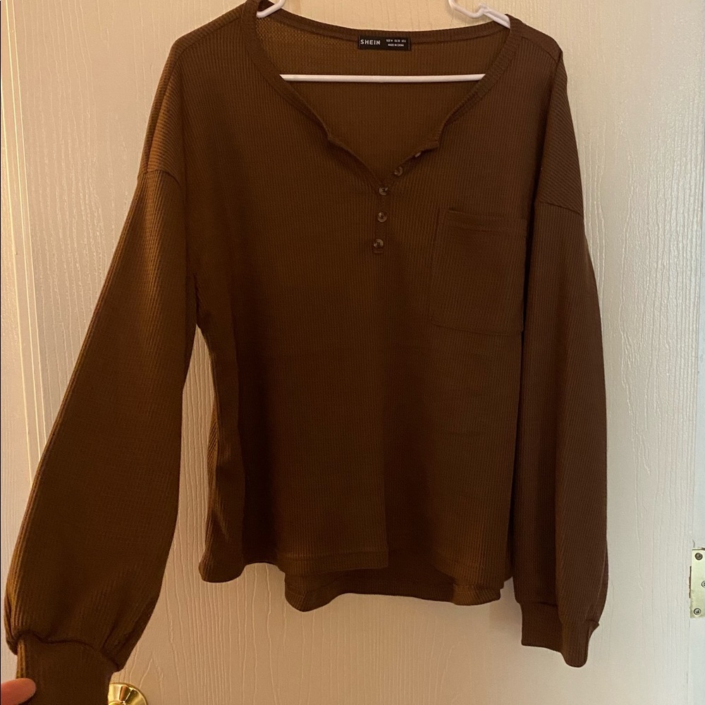 Oversized long sleeve casual top, size M, SHEIN, brown waffle knit